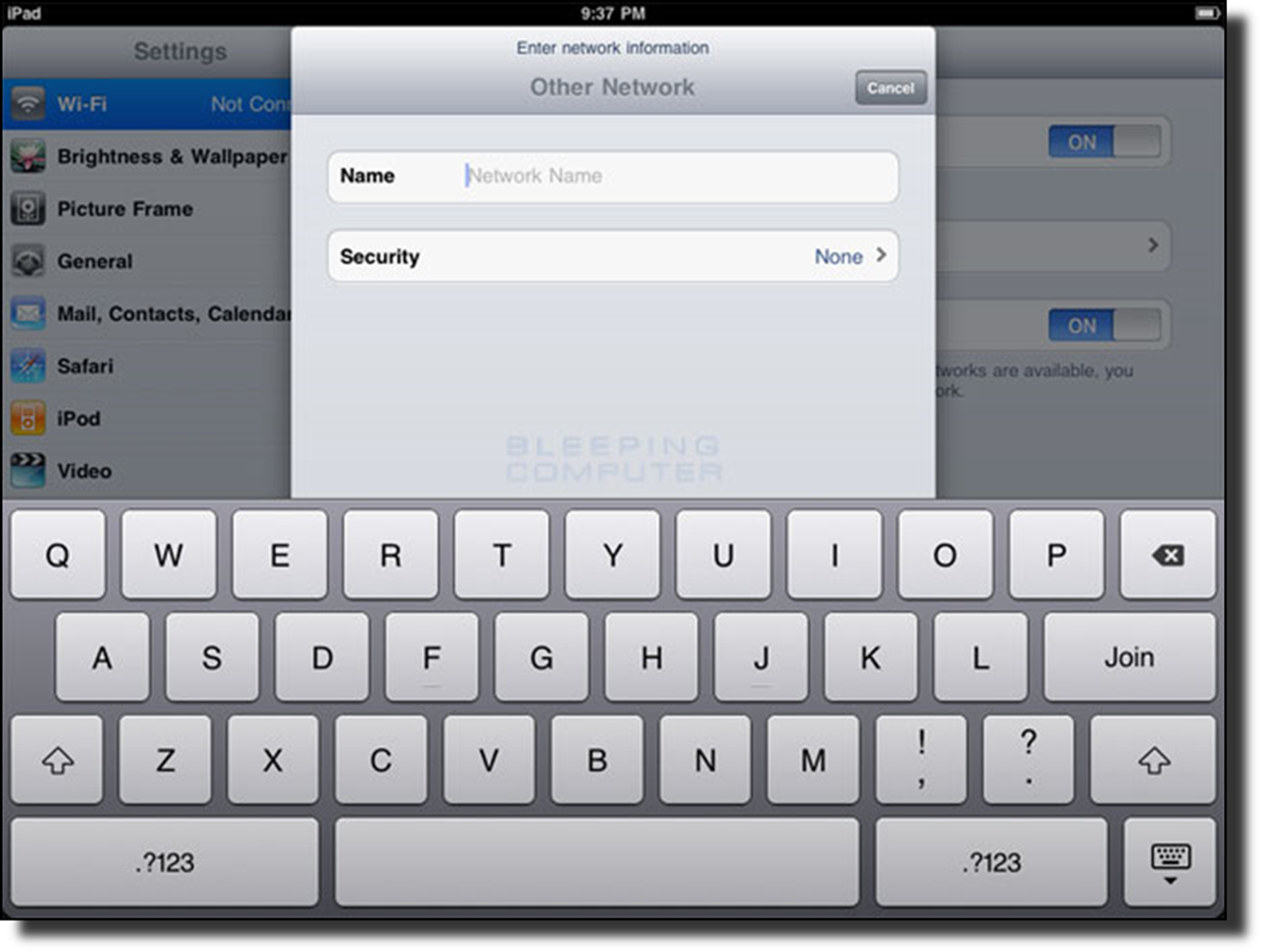 Enter SSID screen