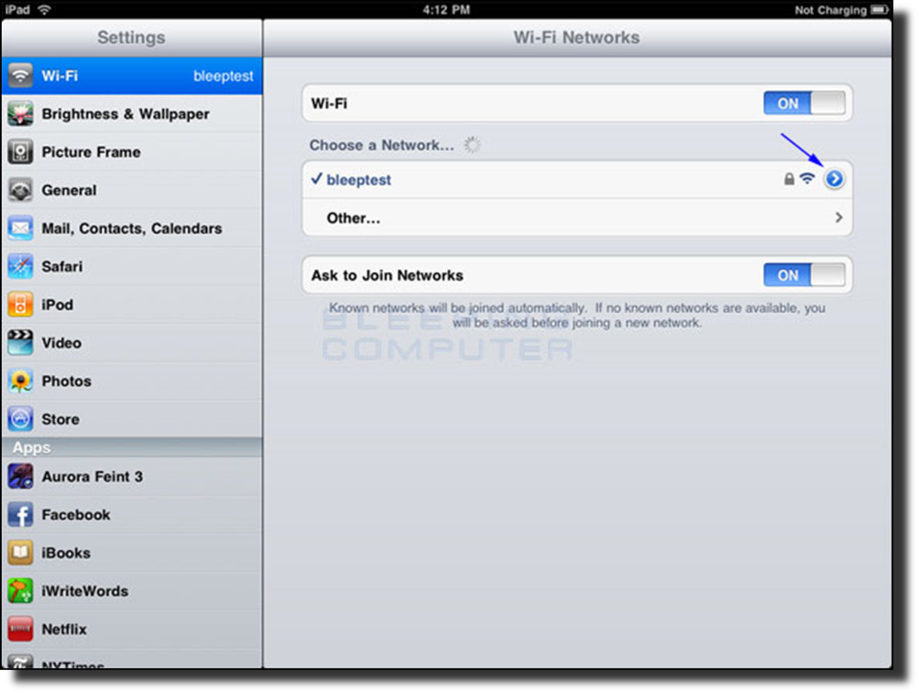 Screen showing the iPad connected to a wireless network